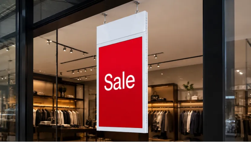 Hanging digital display showing a red sale sign at a retail store entrance