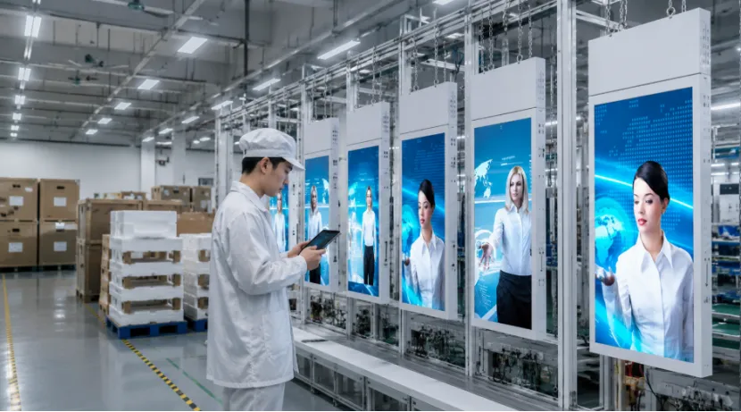 Quality control worker inspecting hanging digital screens in a factory