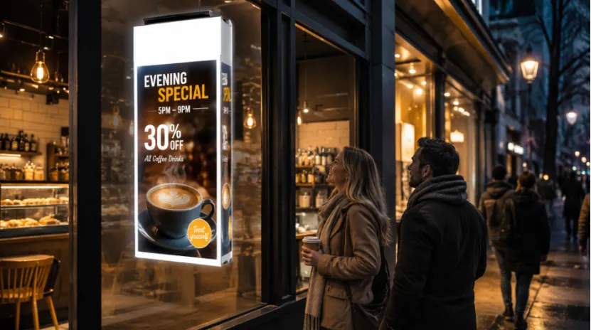 Bright digital window display showing a coffee ad outside a cafe at night