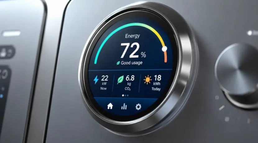 Circular LCD display showing a smart energy dashboard