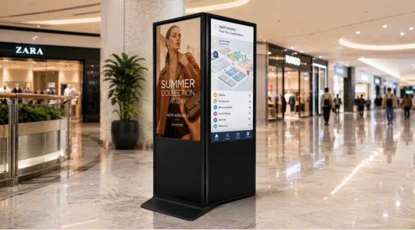 Dual-screen digital signage kiosk in a shopping mall displaying fashion ads and a wayfinding map