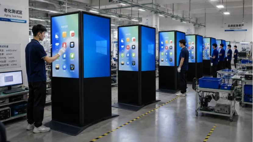 Factory workers performing quality control and aging tests on a row of digital signage kiosks