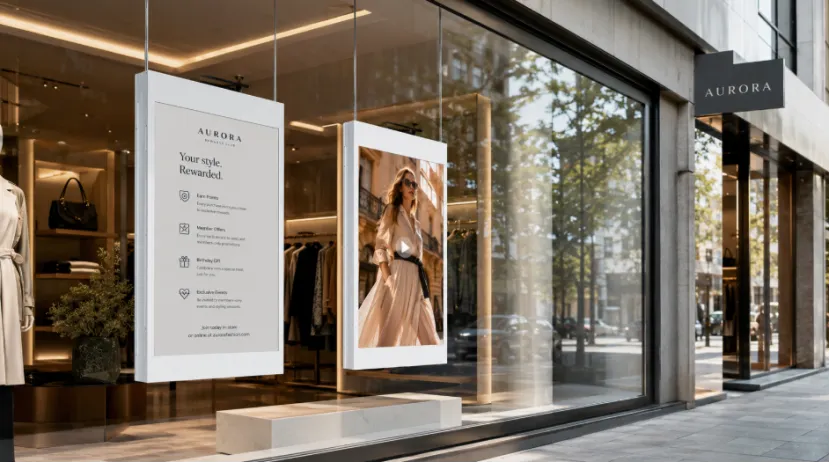 Hanging double-sided digital display in a retail clothing store window