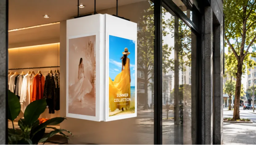 Hanging double-sided digital display in a retail shop window