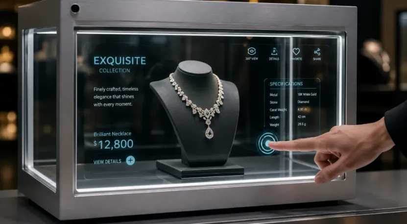 Interactive transparent LCD jewelry display cabinet