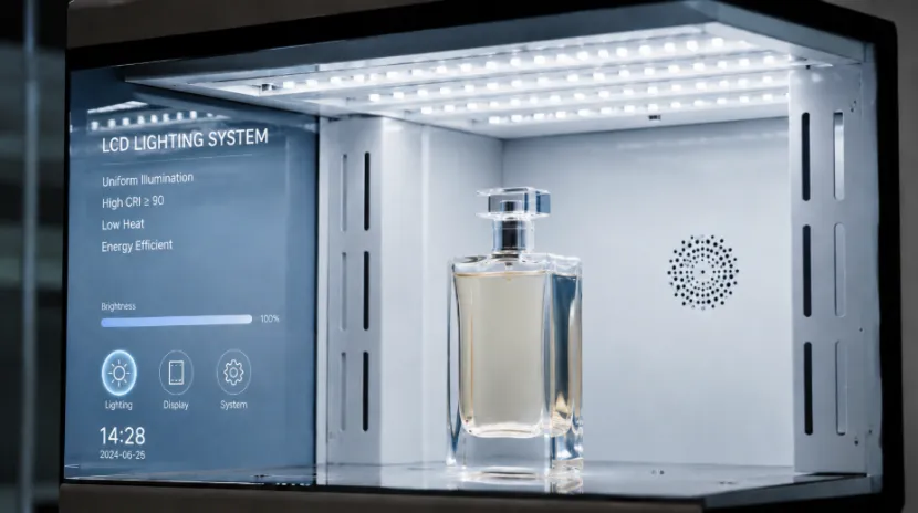 Internal LED lighting inside a transparent LCD perfume display cabinet