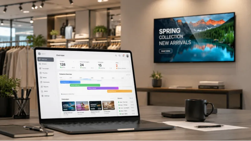 Laptop showing remote content management dashboard for retail digital signage