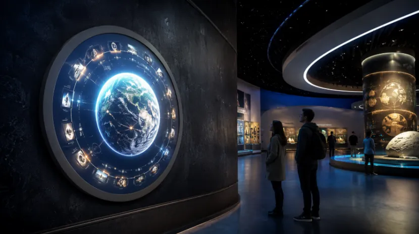 Large circular screen embedded in a dark wall displaying an interactive Earth graphic in a museum