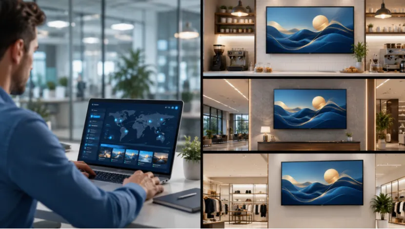 Remote management dashboard controlling digital signage across multiple locations
