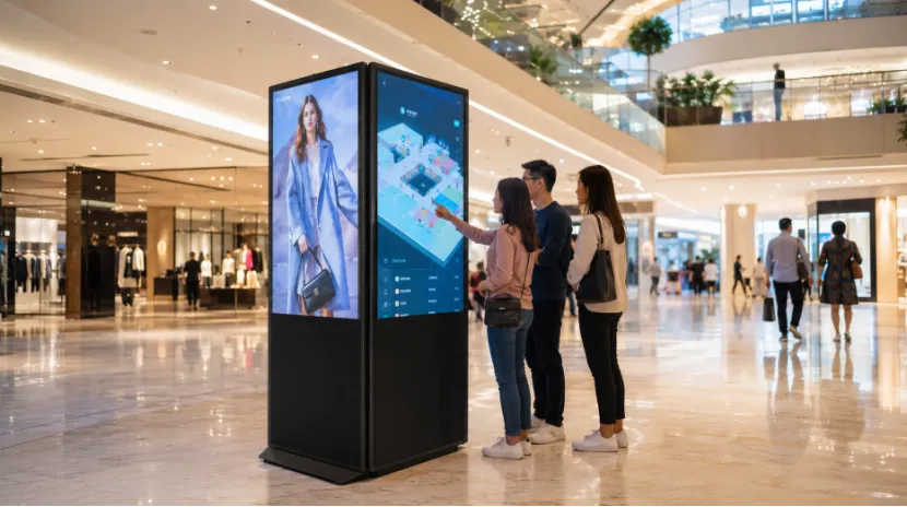 Shoppers interacting with a digital wayfinding map on a dual-screen kiosk in a mall