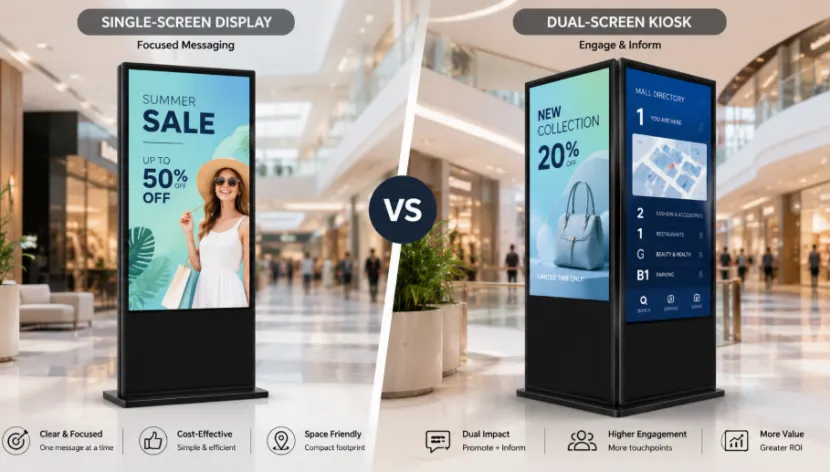Side-by-side visual comparison of a single-screen display and a dual-screen digital kiosk