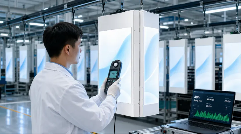 Technician testing digital screen brightness in a factory