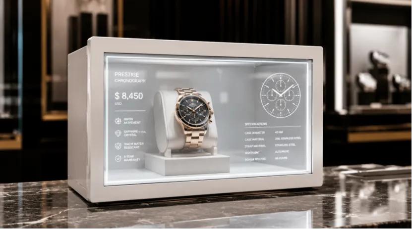 Transparent LCD showcase displaying a luxury watch and digital specs