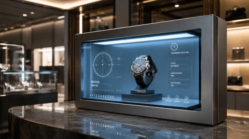Transparent LCD showcase displaying a luxury watch