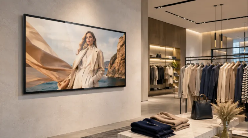 Wall-mounted digital signage display in a high-end retail clothing store