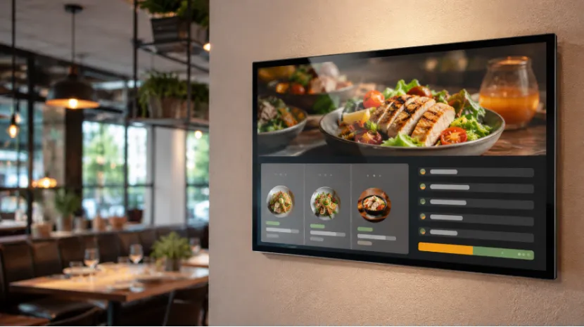 Wall-mounted digital signage in a restaurant displaying a split-screen menu layout