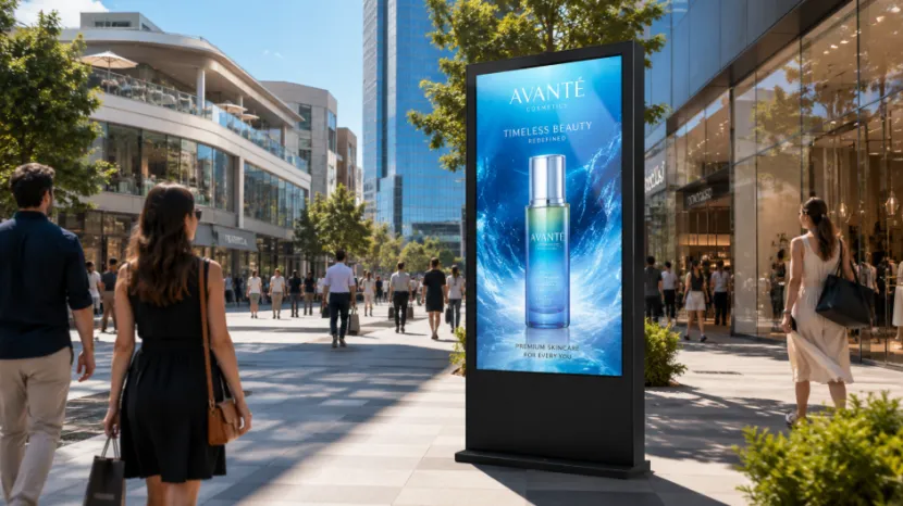Bright outdoor digital signage kiosk displaying an advertisement on a sunny pedestrian street