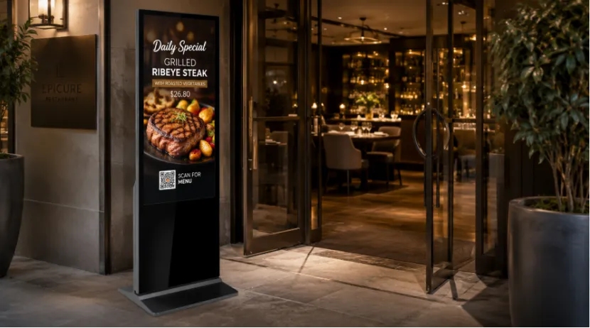 Floor-standing digital signage displaying a daily steak special and QR code outside a restaurant entrance