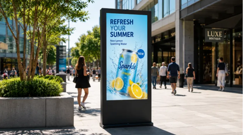 High-brightness outdoor digital signage kiosk displaying an advertisement on a sunny city street