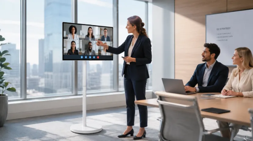 Portable smart display used for a video conference in a modern office meeting