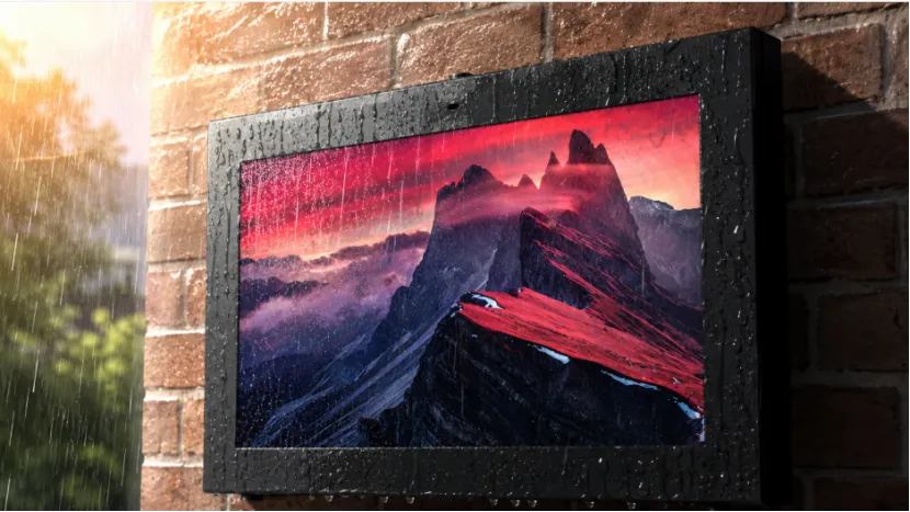 Waterproof digital display on a brick wall in the rain