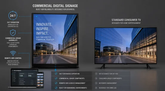 Commercial digital signage versus consumer TV comparison chart