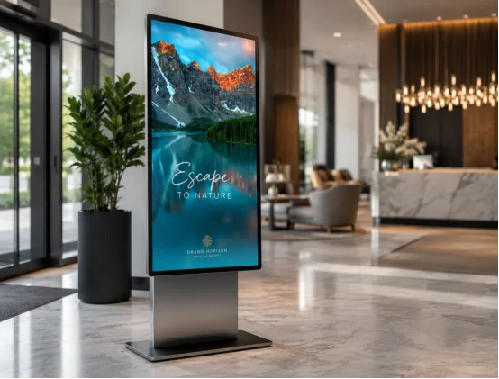 Freestanding digital signage kiosk in a hotel lobby