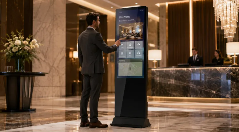 Guest using a floor-standing digital totem in a luxury hotel lobby