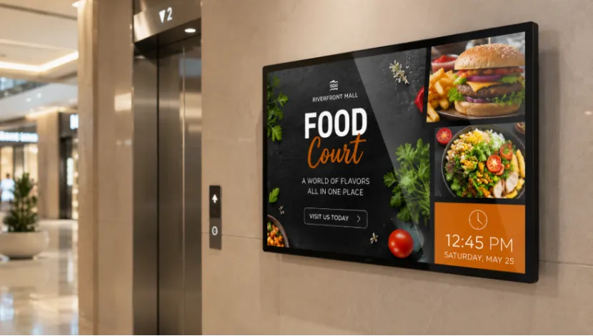 Horizontal digital advertising screen next to a mall elevator