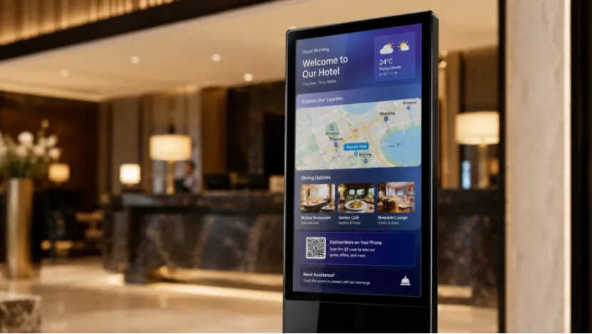 Interactive digital concierge screen displaying hotel services and map