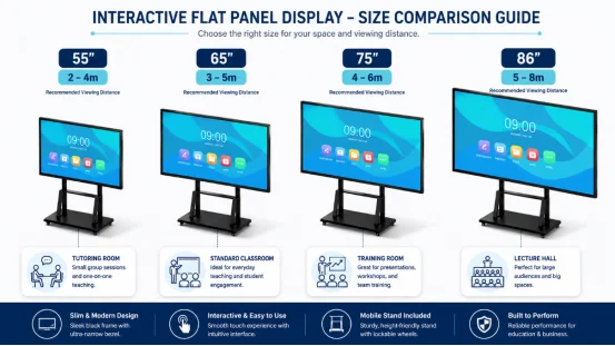 Interactive flat panel size comparison guide for 55, 65, 75, and 86 inches