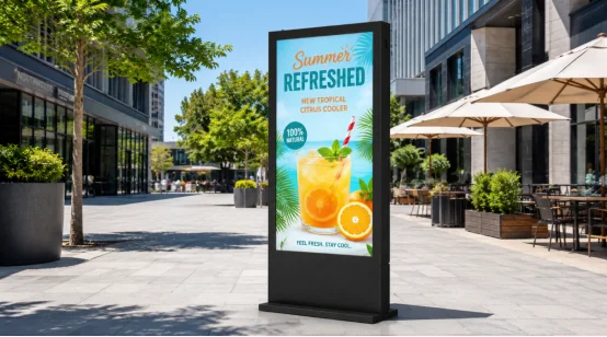 Outdoor digital signage kiosk displaying ads in direct sunlight