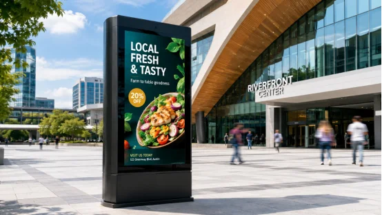 Outdoor freestanding digital signage display in a city plaza