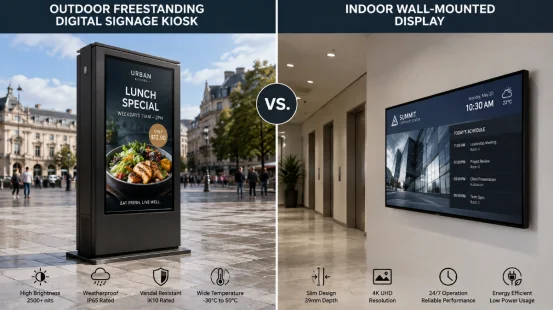 Outdoor freestanding kiosk vs indoor wall mounted display