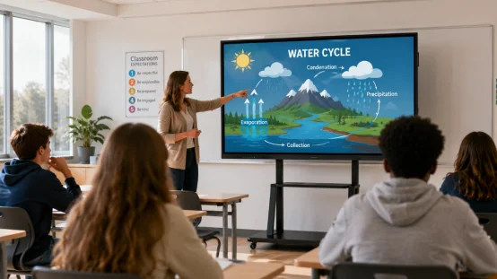 Teacher using a large interactive flat panel on a mobile stand in a classroom
