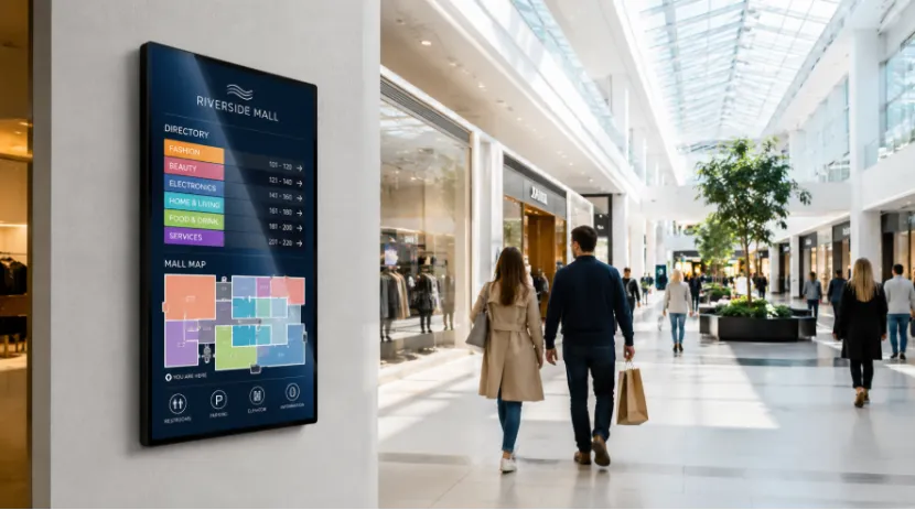 Vertical digital directory screen on a shopping mall wall
