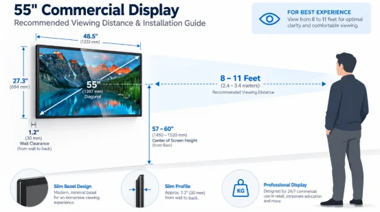A detailed installation guide and viewing distance infographic for a 55