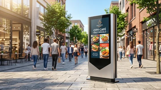 Commercial outdoor digital signage totem display on sunny street