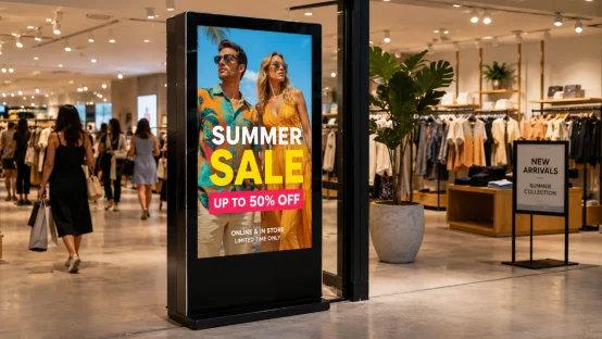 Floor-standing digital advertising display in a store