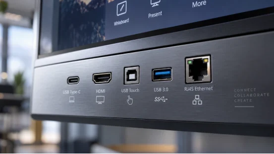 Front connectivity ports on an interactive flat panel display