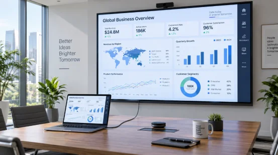 Laptop connected to an interactive flat panel display in a meeting room