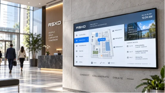 Modern office lobby with a large digital signage screen showing floor plans and company info