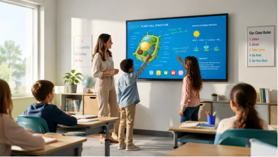 Students interacting with interactive display in classroom