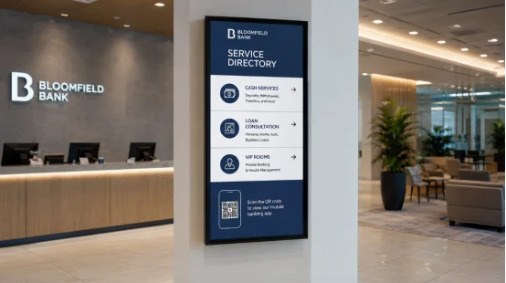 Vertical wall-mounted service directory screen in a bank branch