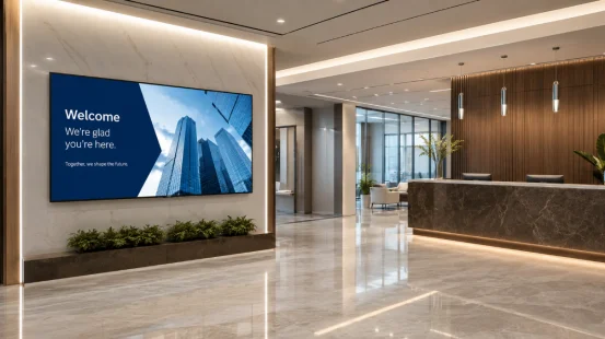Wall-mounted digital signage screen in an office reception area