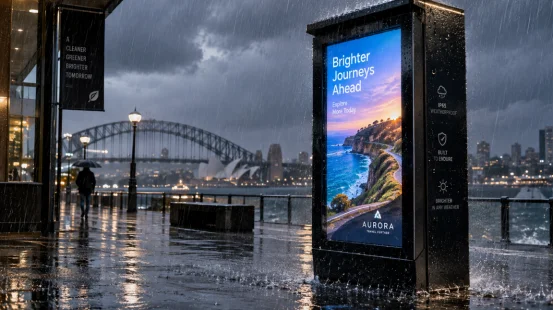 Weatherproof outdoor digital advertising display operating in heavy rain