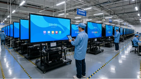 Workers and interactive displays in electronics manufacturing facility