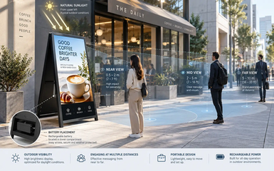 Outdoor advertising display planning diagram considering sunlight, viewer distance, and battery